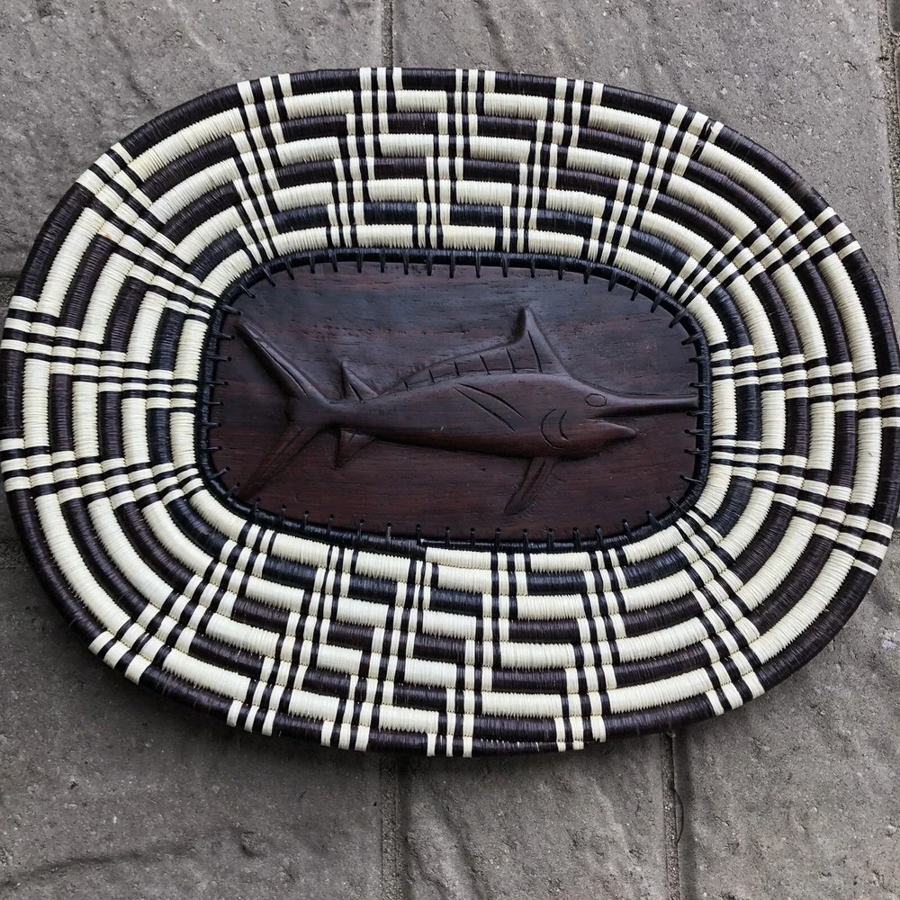 Handmade Woven Coil Tribal Oval‎ Wood Embossed Swordfish Tray Wall Basket